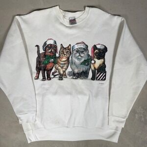 Vintage Oneita Power-Sweats Christmas Cats Crewneck White XL Made in USA 90s